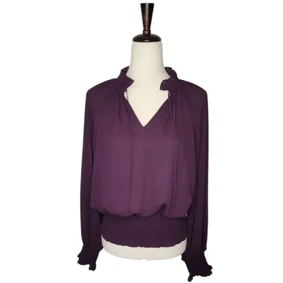 Worthington Deep Purple Split Ruffle Neck Elastic Smocking Raglan Blouse Size S - Picture 2 of 7